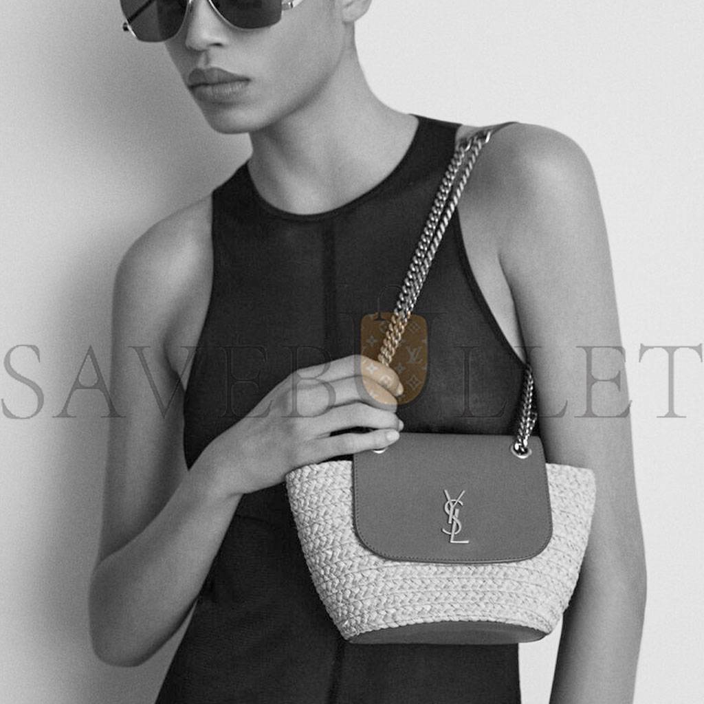 YSL MINI MANON IN RAFFIA AND AGED VEGETABLE-TANNED LEATHER 774269GAAED9051 (23*12*6cm)